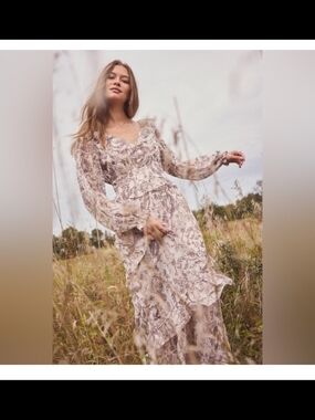 Francesca's Collections Cream and Brown Floral Maxi Dress with Ruffles M New